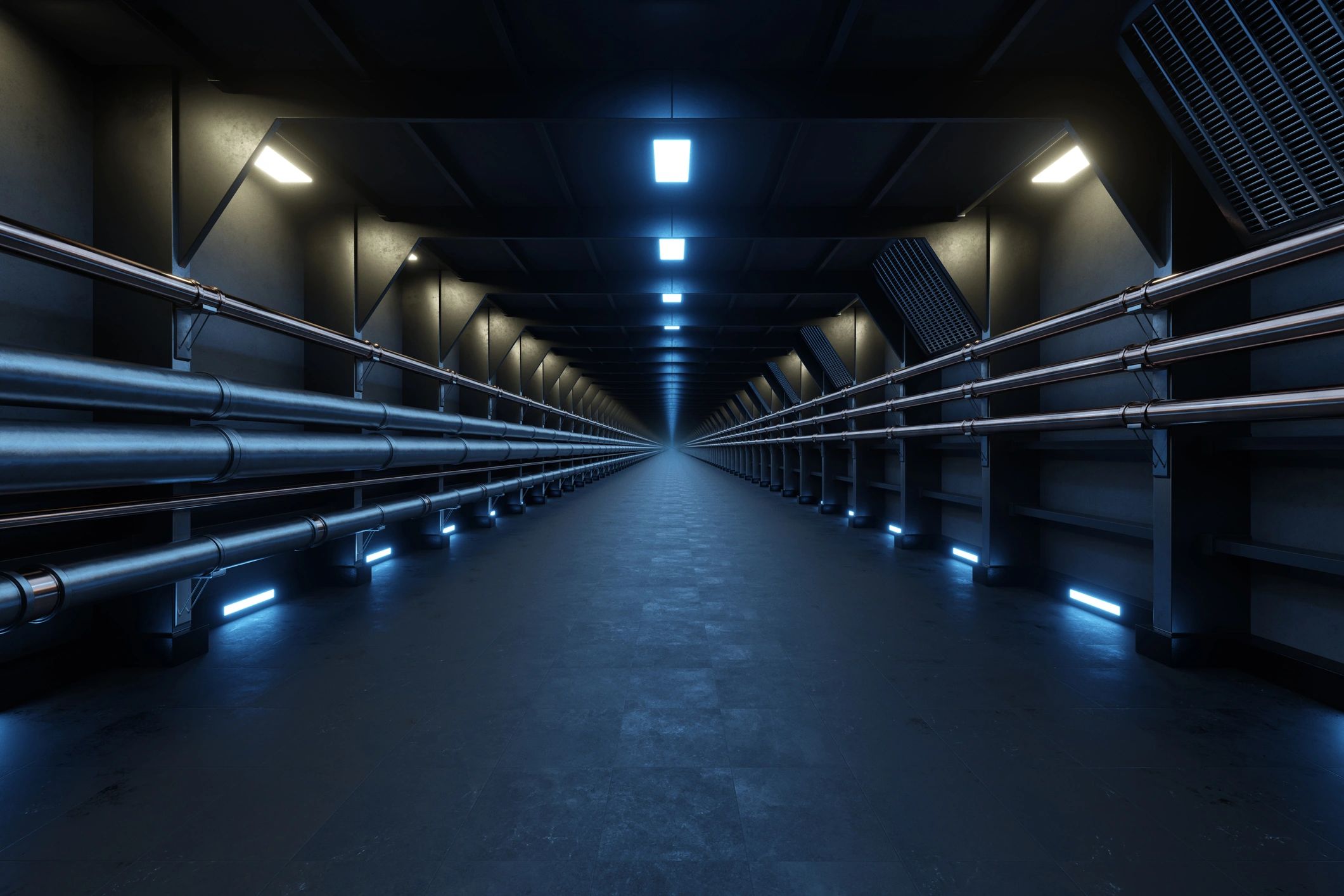 High-tech server corridor with blue lighting
